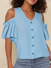 Buttoned Elasticity Solid Color Loose Ruffle Sleeves Cold Shoulder T-Shirts Tops