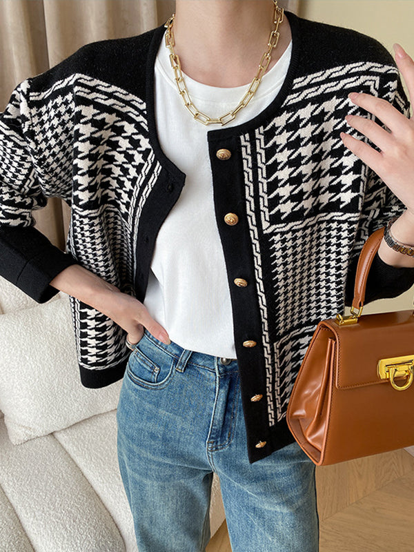 Long Sleeves Loose Contrast Color Houndstooth Split-Joint Round-Neck Cardigan Tops