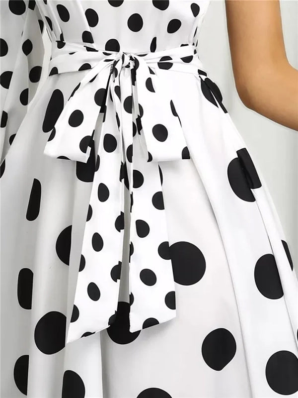 Long Sleeves Loose Contrast Color Polka-Dot Tied Waist One-Shoulder Maxi Dresses