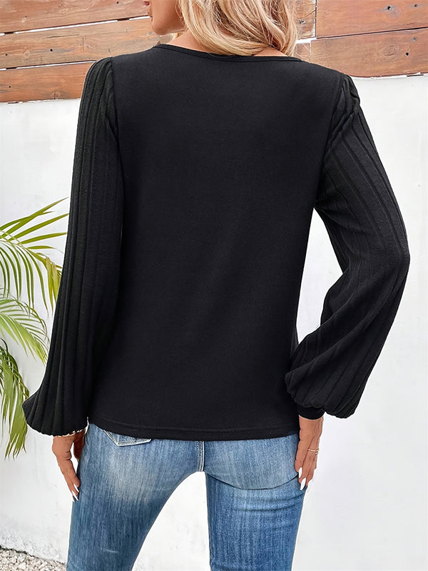 Contrast Color Long Sleeves Loose V-Neck T-Shirts Tops