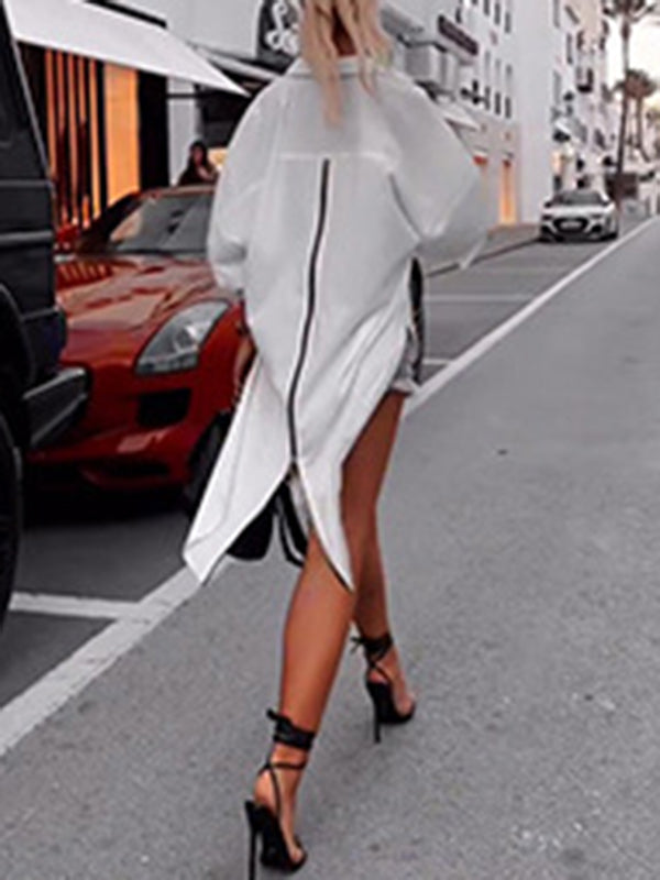 Buttoned Solid Color Zipper High-low Long Sleeves Lapel Blouses&shirts Tops