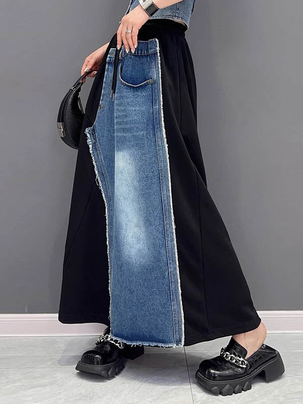 Asymmetric Drawstring Elasticity Pockets Split-Joint A-Line Loose Skirts Bottoms