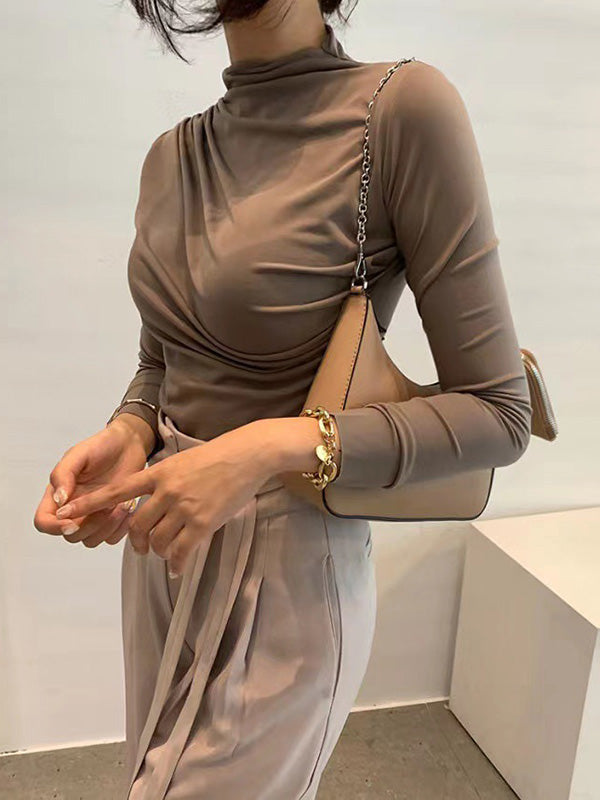 Pleated Solid Color Long Sleeves Skinny Mock Neck T-Shirts Tops