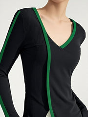 Contrast Color Split-Front Long Sleeves V-Neck Sweater Tops