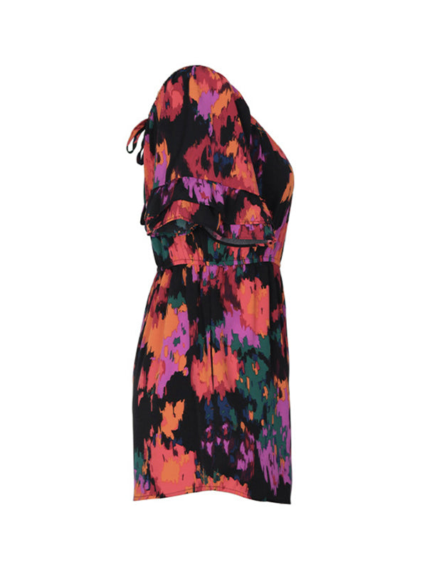 Drawstring Elasticity Pockets Printed Split-Joint Flared Sleeves Half Sleeves Off-The-Shoulder Rompers