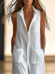 Loose Sleeveless Solid Color Split-Joint Round-Neck Jumpsuits