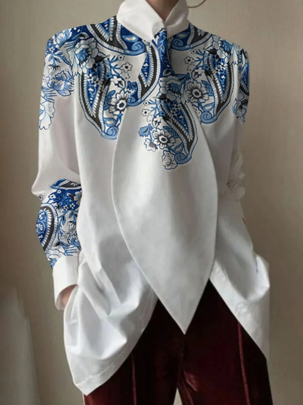 Flower Print Split-Joint Long Sleeves Loose Stand Collar Blouses&Shirts Tops