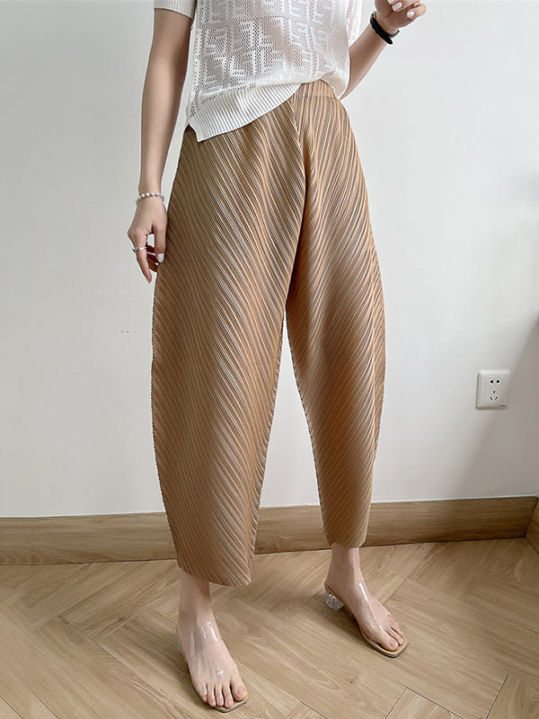 Elasticity Pleated Solid Color Split-Joint Harem Pants High Waisted Trousers Pants Ninth Pants