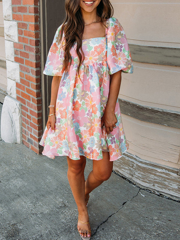 Elasticity Flower Print Pleated Split-Joint Zipper A-Line High Waisted Square-Neck Mini Dresses