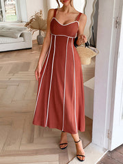 Contrast Color Zipper A-Line High Waisted Spaghetti-Neck Midi Dresses