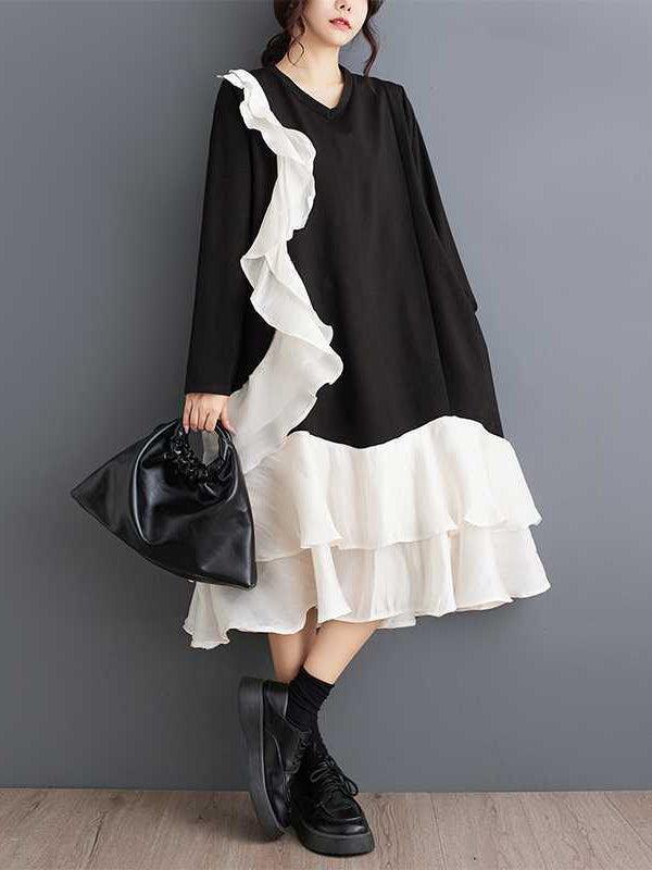 Contrast Color Pockets Ruffle Trim Split-Joint A-Line Long Sleeves V-Neck Midi Dresses