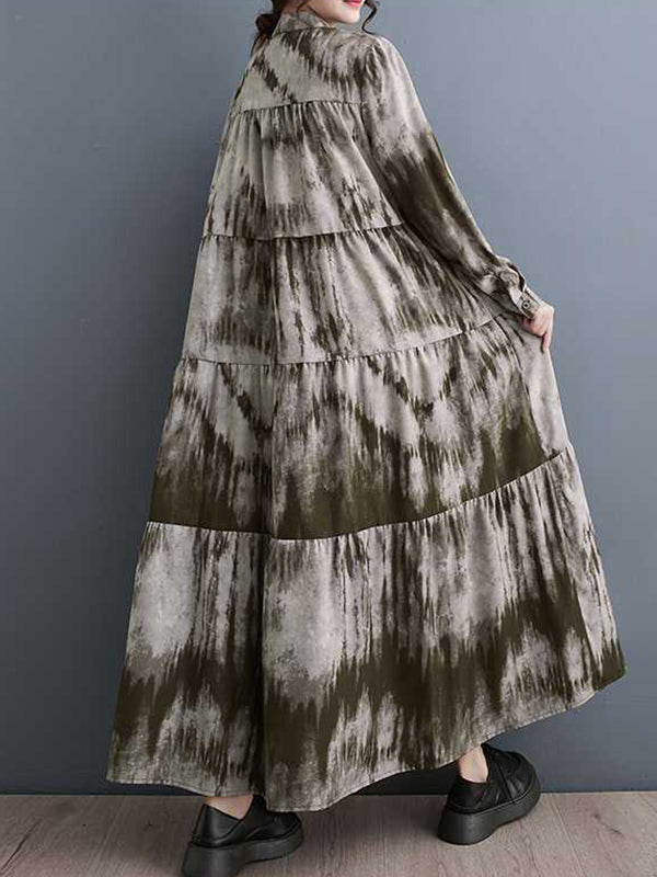 Pleated Printed Split-Joint A-Line Long Sleeves Stand Collar Midi Dresses