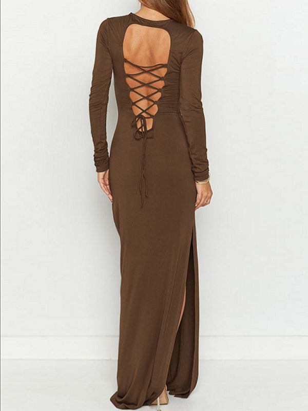 Backless Hollow Solid Color Split-Side Bodycon Long Sleeves Round-Neck Maxi Dresses