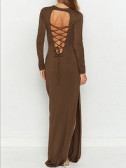 Backless Hollow Solid Color Split-Side Bodycon Long Sleeves Round-Neck Maxi Dresses