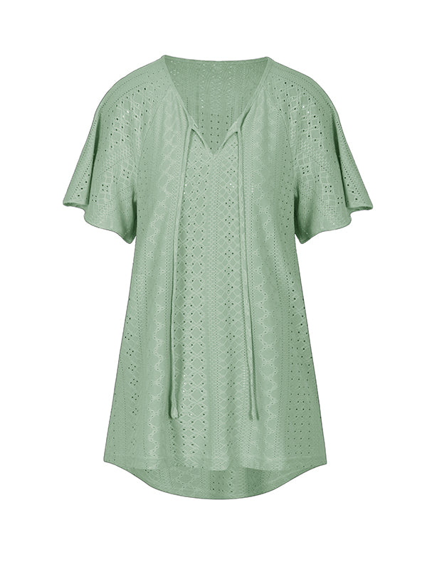 Jacquard Solid Color Tied Raglan Sleeve V-Neck T-Shirts Tops