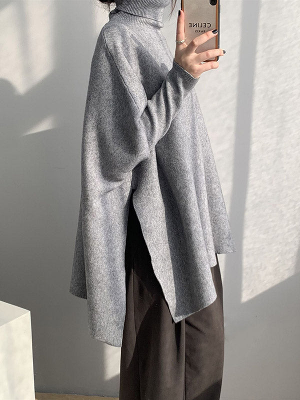 Original 4 Colors Split-Side High-Neck Long Sleeves Sweater Top