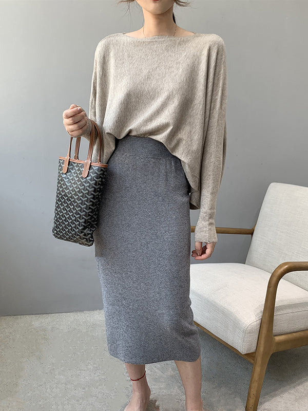 Solid Color Batwing Sleeves High-Low Boat Neck Sweater Pullovers Knitwear