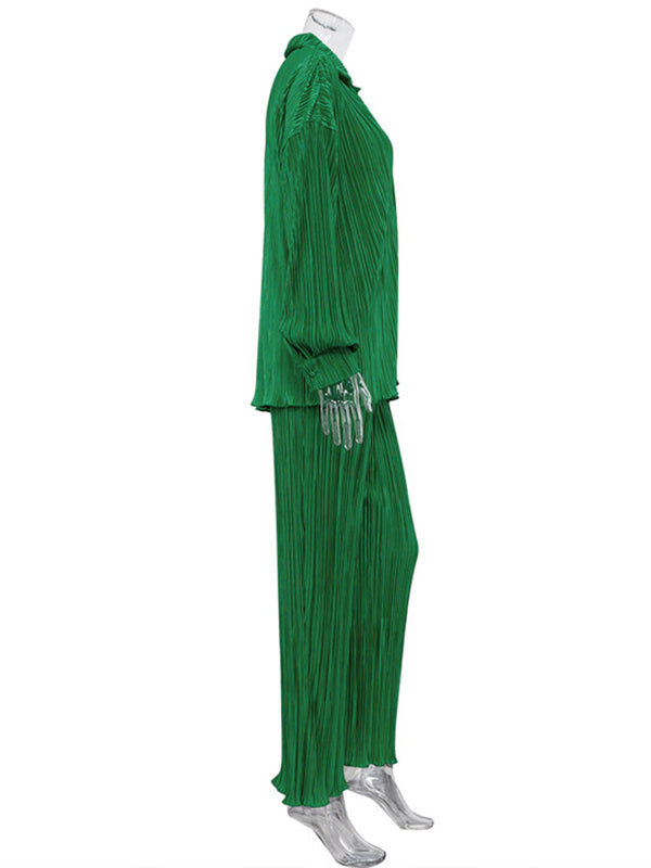 Loose Solid Color Pleated Blouse&Wide Legs Pants 2 Pieces Set