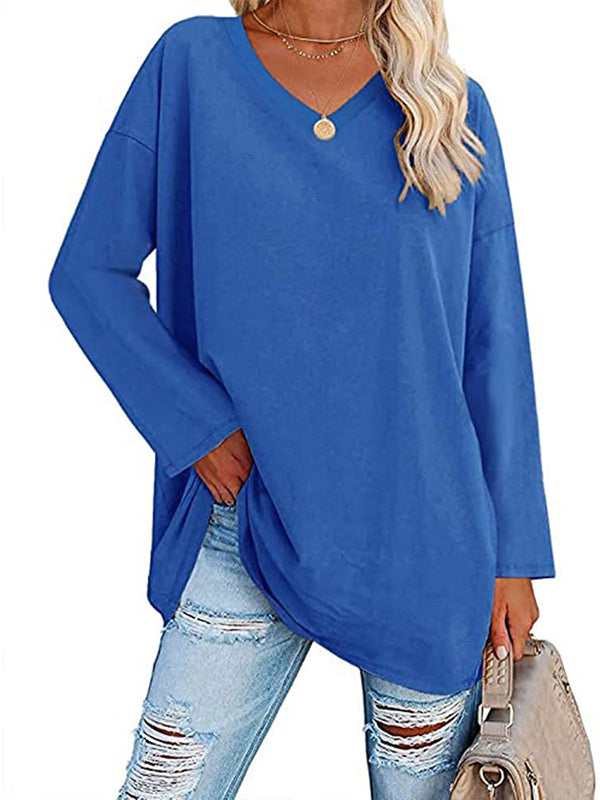 See-Through Solid Color Split-Joint Long Sleeves Loose V-neck T-shirts