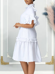 Pleated Solid Color Split-Joint Zipper A-Line Half Sleeves Mock Neck Midi Dresses
