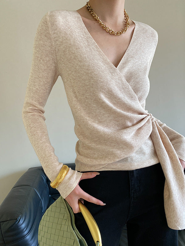 Asymmetric Solid Color Long Sleeves V-Neck Sweater Tops Pullovers