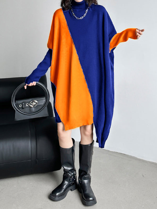Asymmetric Contrast Color Split-Joint Batwing Sleeves Long Sleeves High Neck Sweater Dresses Midi Dresses