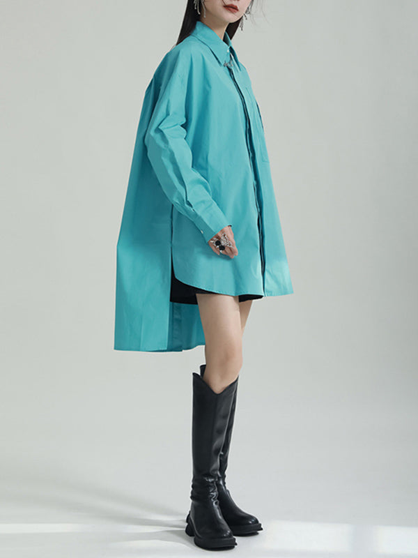 Solid Color Split-side High-low Irregular clipping Lapel Shirts Tops