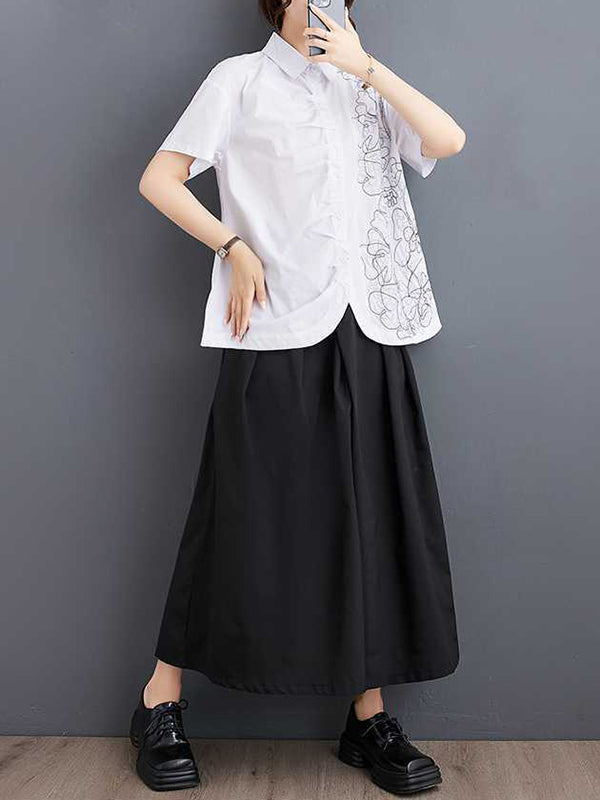 Buttoned Embroidered Pleated Irregularity Loose Lapel Collar Blouses&Shirts Tops
