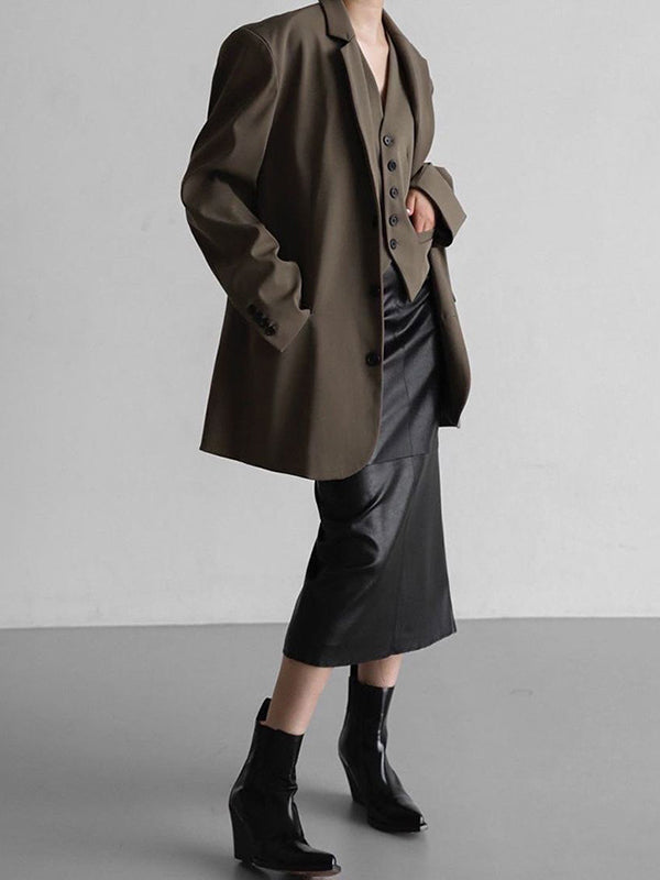 Solid Color Split-Back Split-Joint Skinny PU Skirts