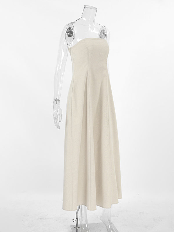 Elasticity Pockets Solid Color Zipper A-Line Loose Tube Maxi Dresses