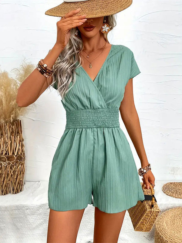 Elasticity Pleated Solid Color Split-Joint Loose Raglan Sleeve V-Neck Rompers