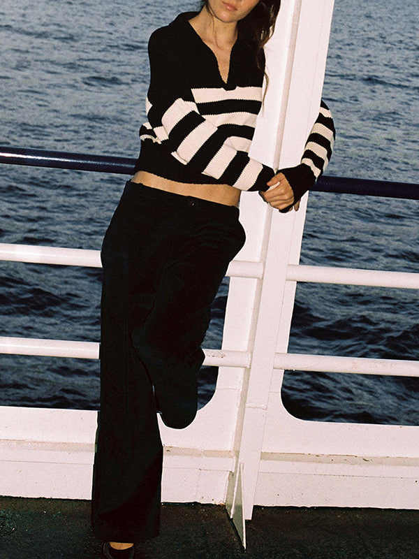 Contrast Color Striped Long Sleeves Loose Lapel Sweater