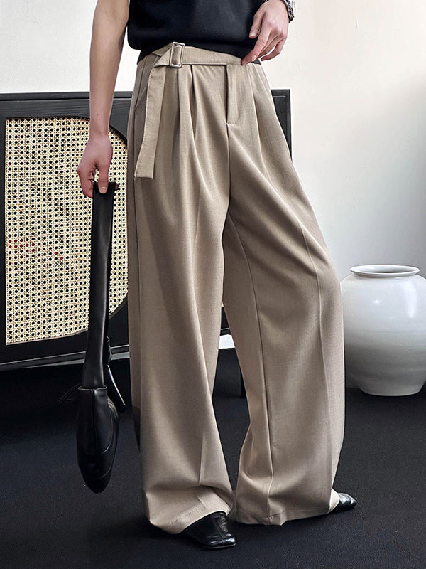 Belt Buckle Solid Color High Waisted Loose Trousers Suit Pants