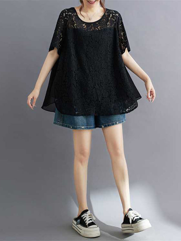 Hollow Solid Color Split-Back Split-Joint Loose Plus Size Round-Neck T-Shirts Tops