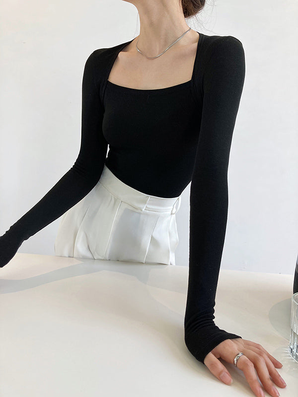 Simple Solid Color Square-Neck Long Sleeves False Two Base Shirt