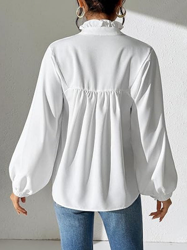 Pleated Ruffled Solid Color Long Sleeves Puff Sleeves Stand Collar Blouses&Shirts Tops