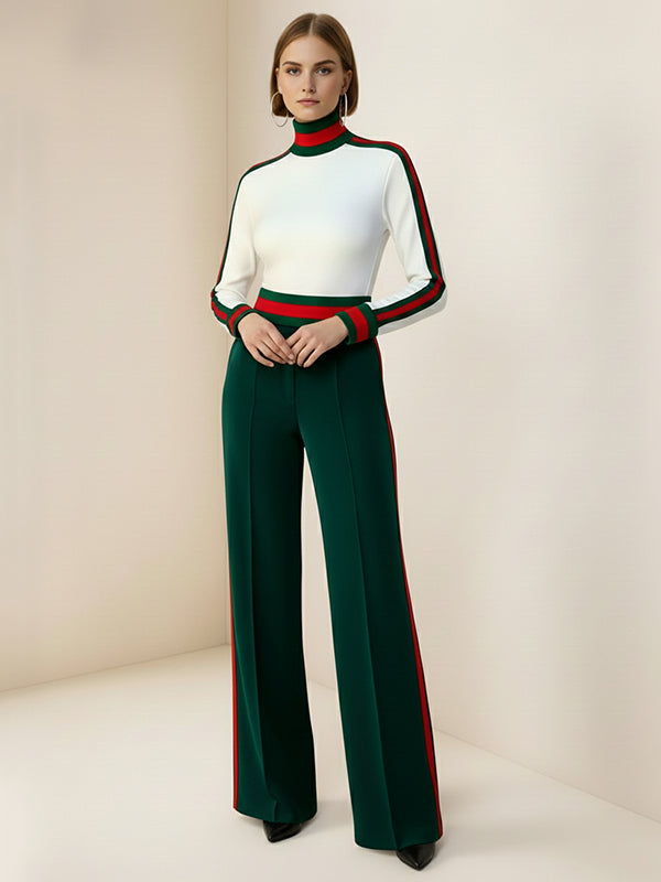 Long Sleeves Skinny Contrast Color Split-Joint Striped High Neck T-Shirts Tops