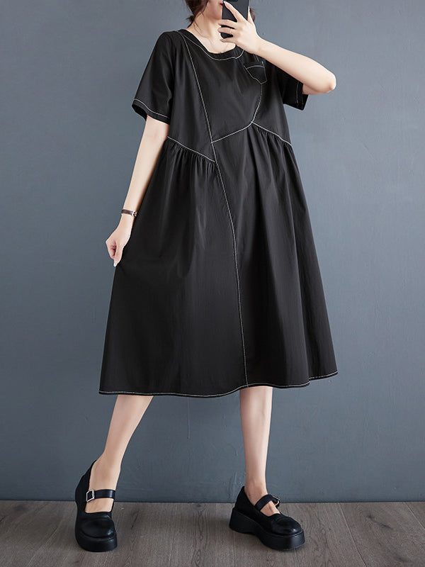 Asymmetric Pleated Pockets Solid Color Split-Joint A-line Loose Round-neck Midi Dresses