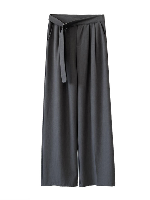 Belt Buckle Solid Color High Waisted Loose Trousers Suit Pants