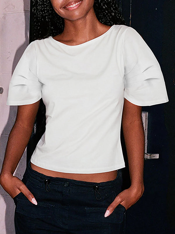 Asymmetric Pleated Solid Color Loose Short Sleeves Round-Neck T-Shirts Tops