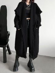 Fringed Pockets Solid Color Long Sleeves Loose V-Neck Cardigan Coats