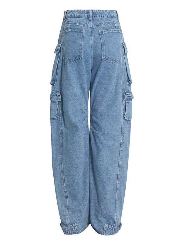 Pleated Pockets Split-Joint Streamer Loose Jean Pants Bottoms