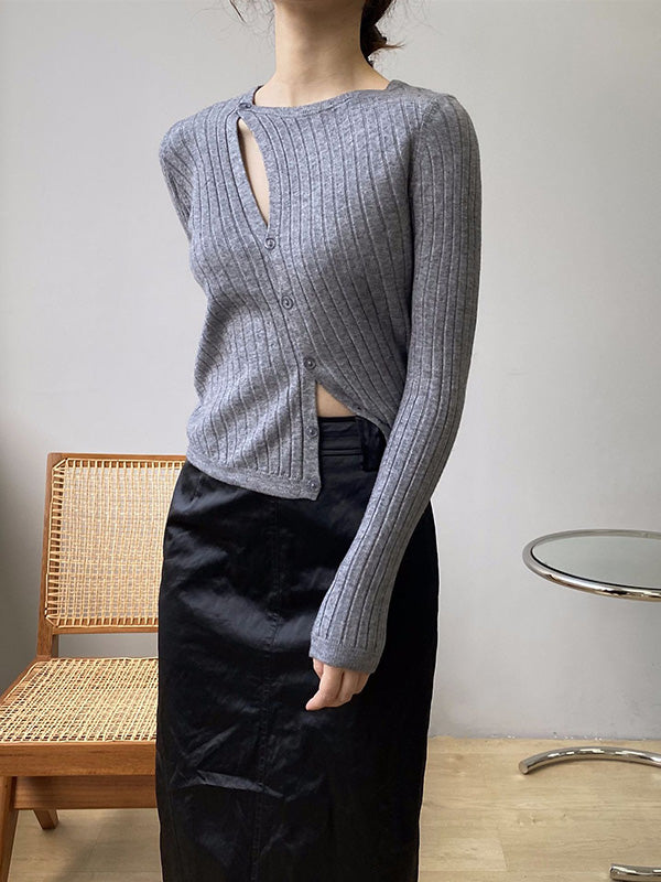 Asymmetric Solid Color Round-Neck Sweater Top
