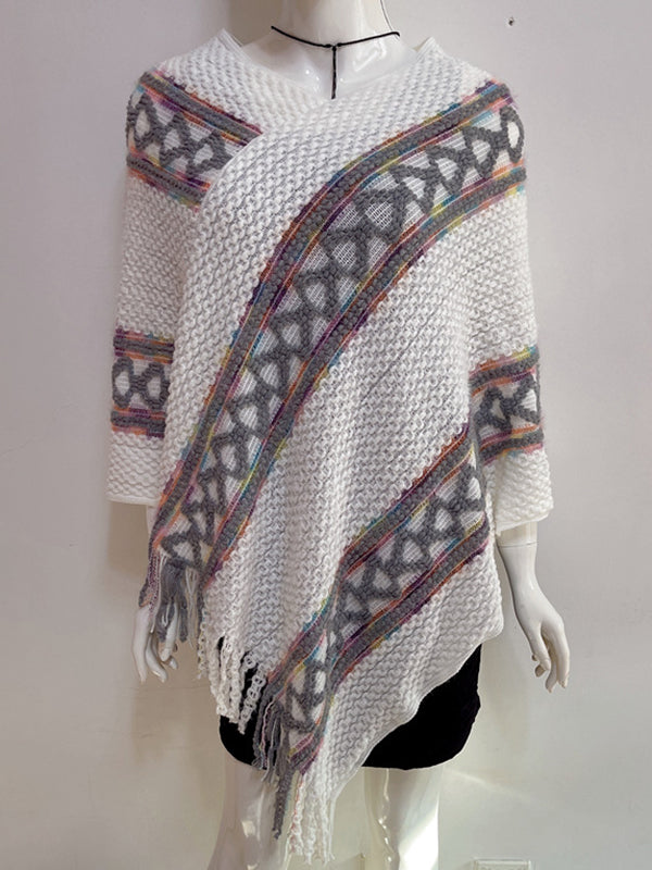 Asymmetric Tasseled Loose V-Neck Shawl&Cloak Cape