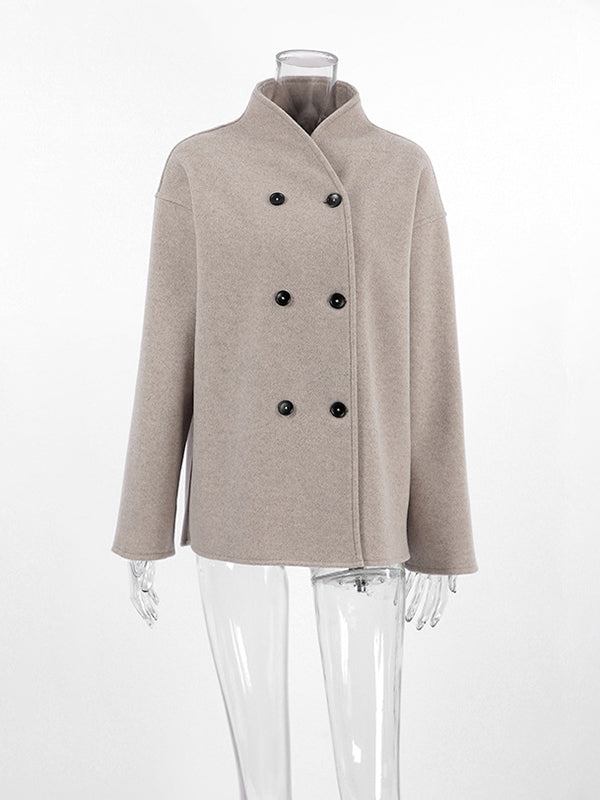 Buttoned Long Sleeves Loose Stand Collar Woolen Coat