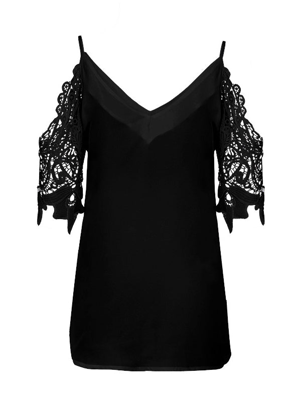 Hollow Solid Color Split-Joint Half Sleeves Loose Cold Shoulder T-Shirts Tops