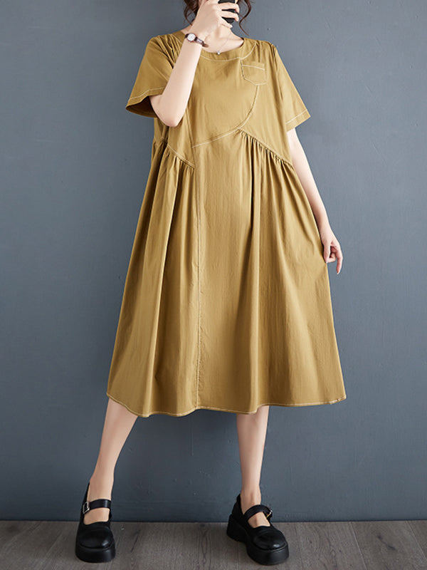 Asymmetric Pleated Pockets Solid Color Split-Joint A-line Loose Round-neck Midi Dresses