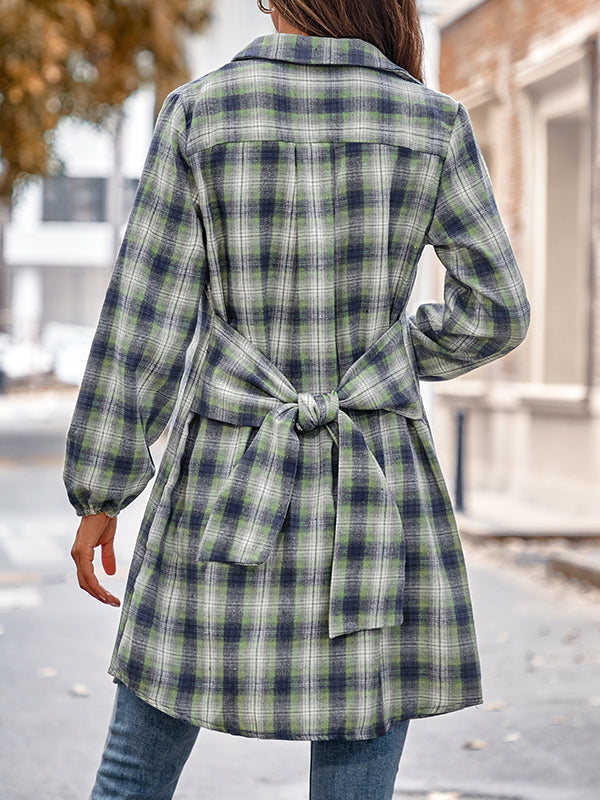 Plaid Loose Wrap Lapel Blouses&shirts Tops