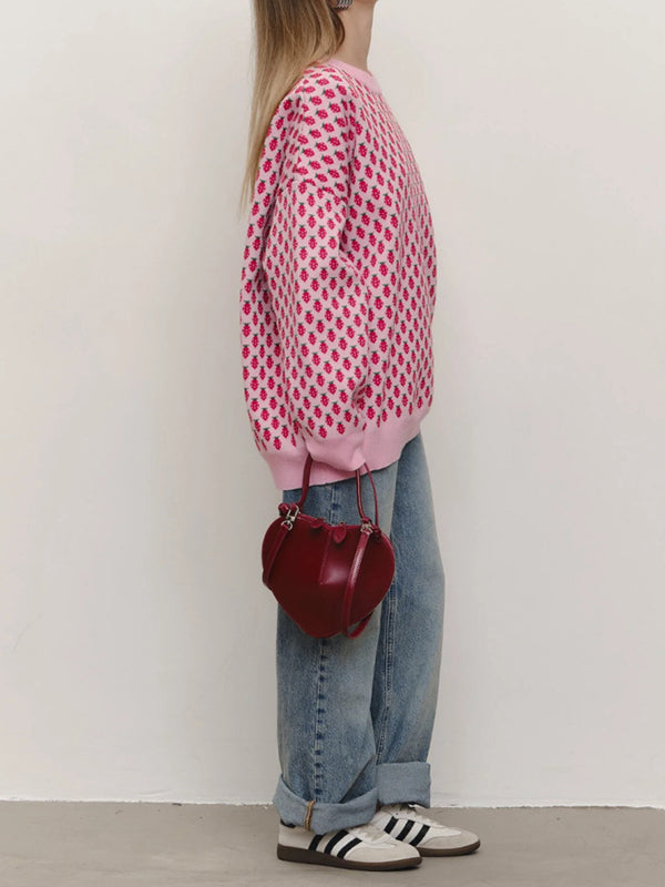 Pleated Split-Joint Long Sleeves Loose Round-Neck Sweater Tops