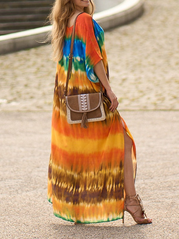 Split-Side Tie-Dyed Batwing Sleeves Loose V-Neck Maxi Dresses Beach Cover-Up